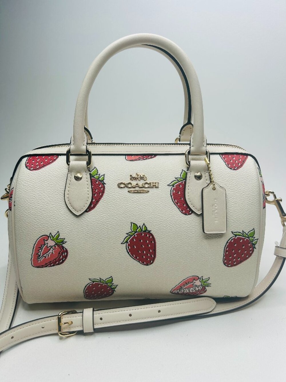 NWOT COACH Rowan Satchel Bag With Strawberry Print CAL63 Gold/Chalk Multi